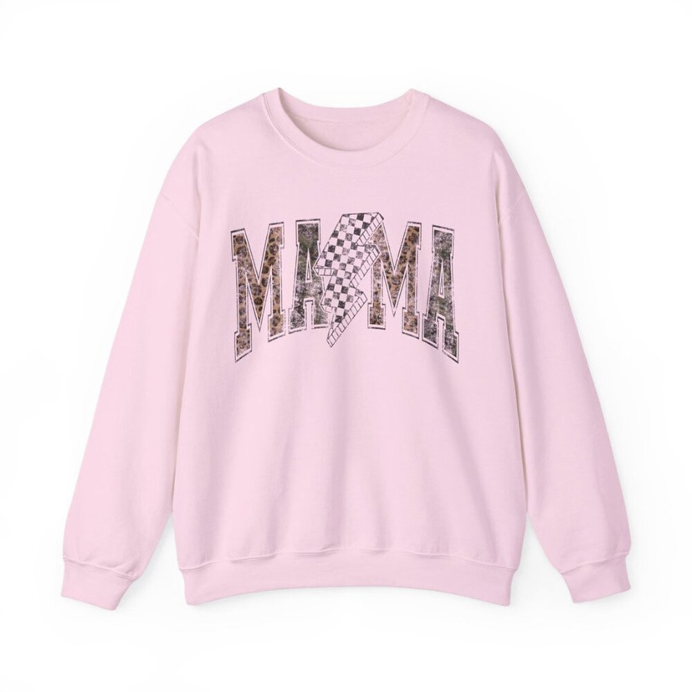 Pink Checkered Bolt Faded Mama Varsity Print Unisex Crewneck Sweatshirt